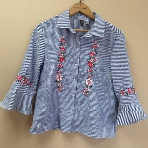 Divided H&M Blue Striped Floral Womans Blouse Shirt Size 6